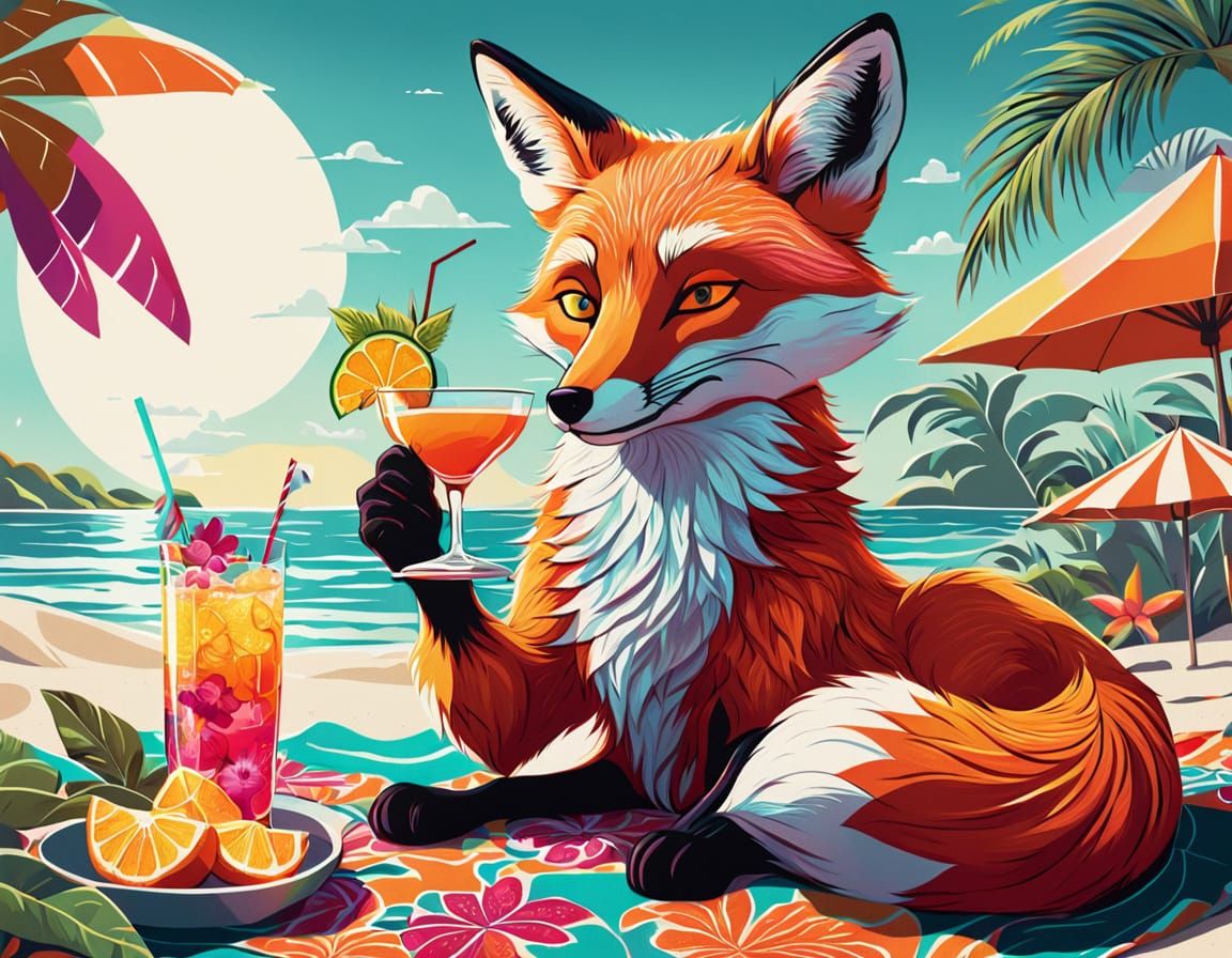 Cartoon Fox Sipping Cocktail in Whimsical Pop Art
