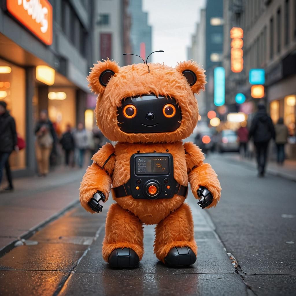 Cute Fuzzy Robot on City Street in Loish Style