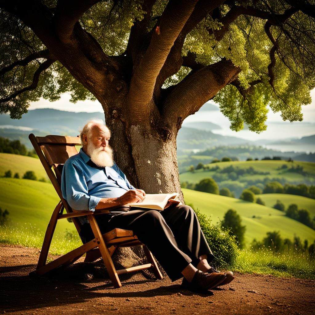 Man Reading Under Oak Tree in Italian Countryside