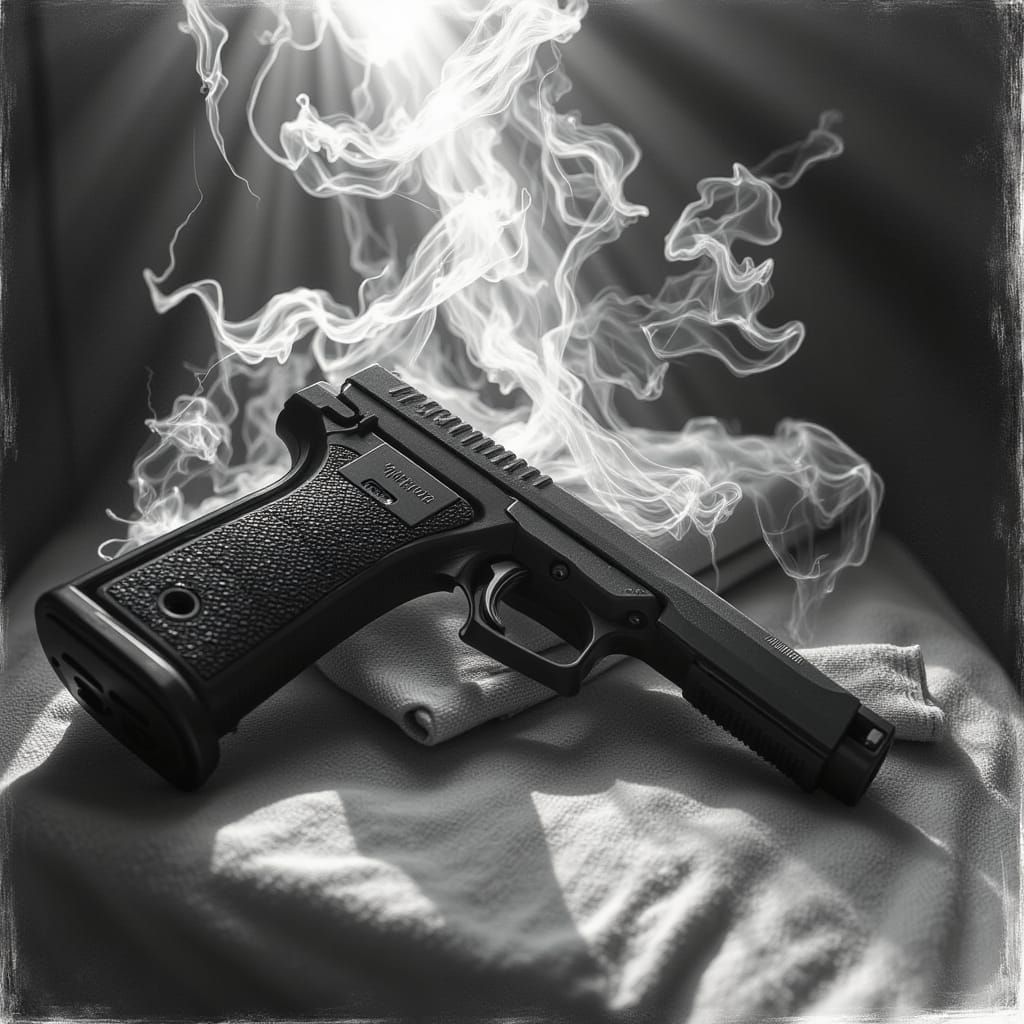 Smoking Gun on Chair in Detailed Charcoal Drawing Style