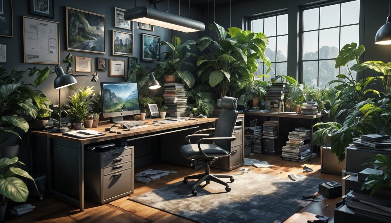 Surreal Office Scene in Epic 3D Videogame Graphics