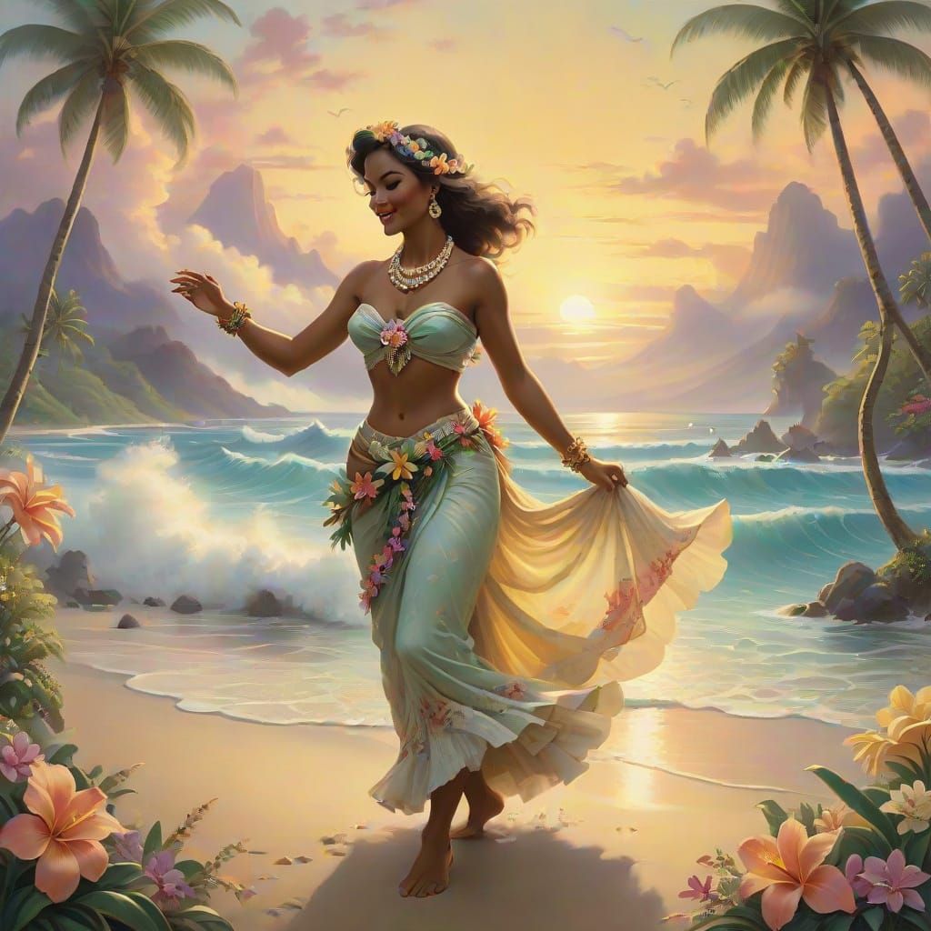 Vintage Tahitian Beach Scene by Golden Hour