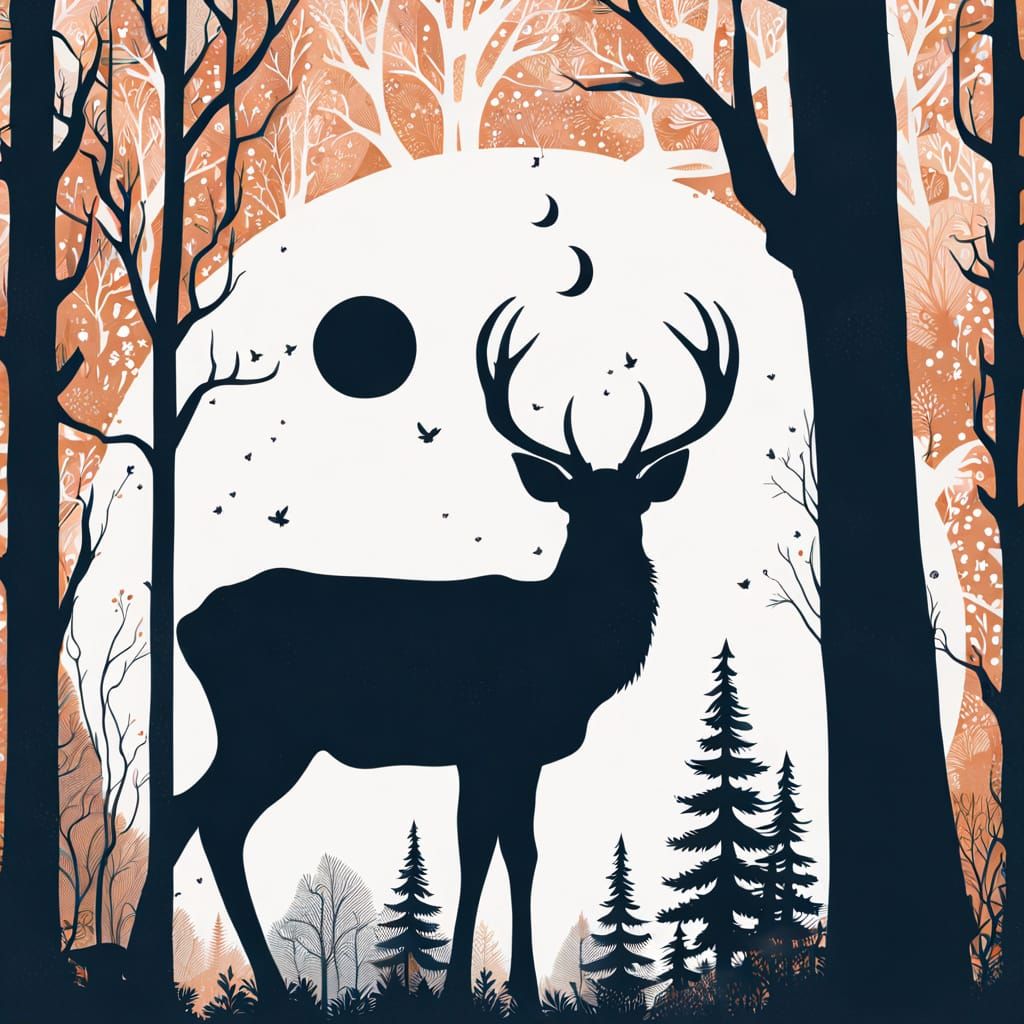 Surreal Forest Silhouette Deer in a Maximalist Aesthetic