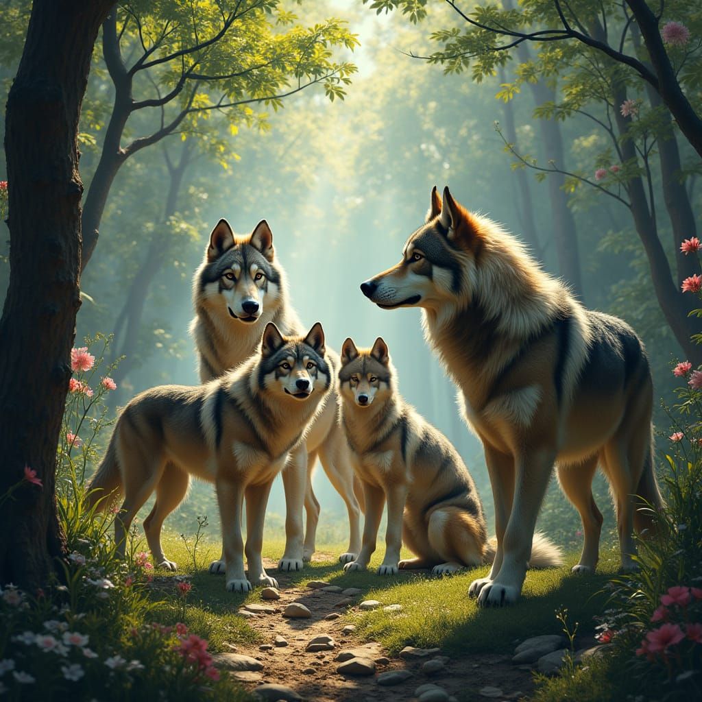 Wild Canine Gathering in a Lush, Vibrant Forest