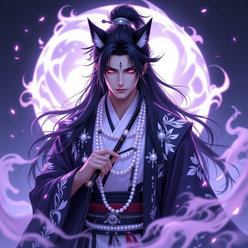 Anime Kitsune Man with Flowing Hair in Lavender Light