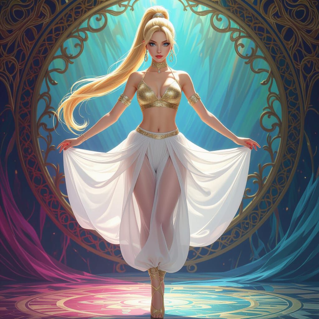Blonde Ballerina in Harem Outfit with Art Nouveau Elements