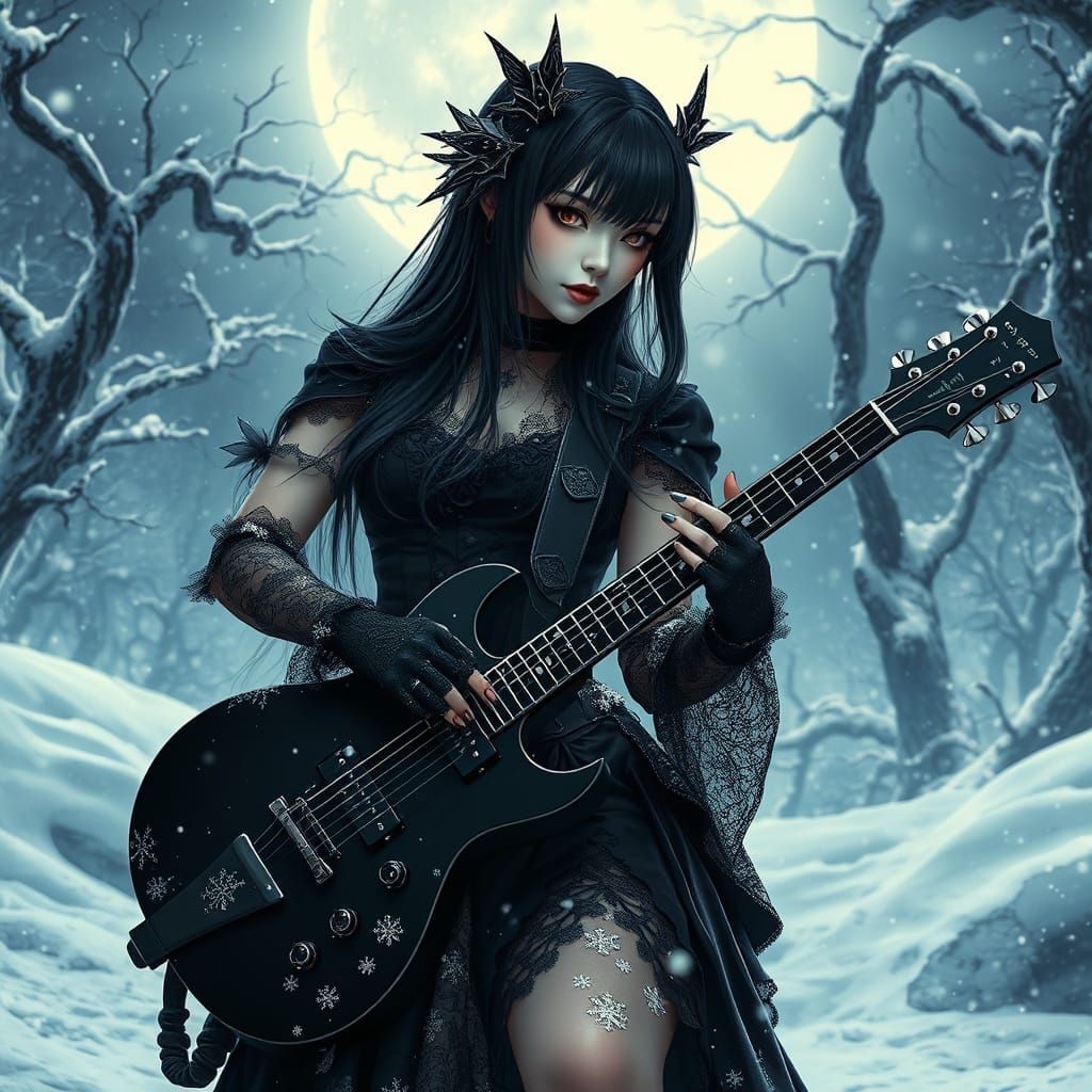 Ethereal Goth Woman Plays Black Metal Guitar Under Winter Mo...