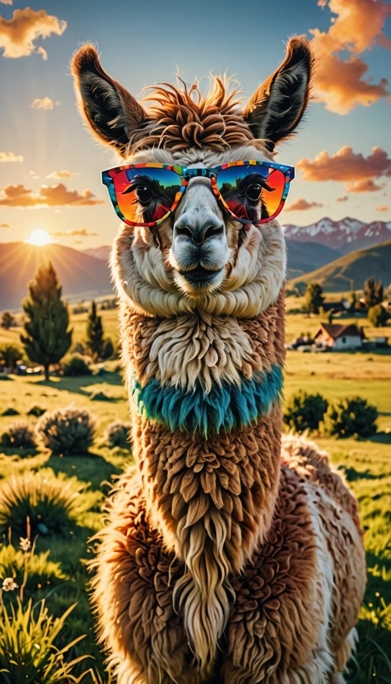 Trendy Llama Portrait in a Sunny Meadow