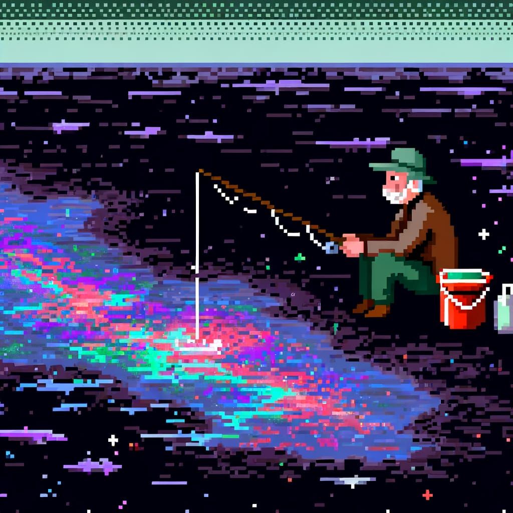 Elderly Fisherman in 8-Bit Cosmic Lake