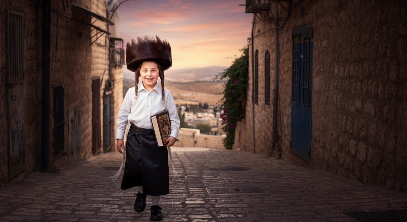 Hasidic Boy Strolls Cobblestone Streets at Sunset