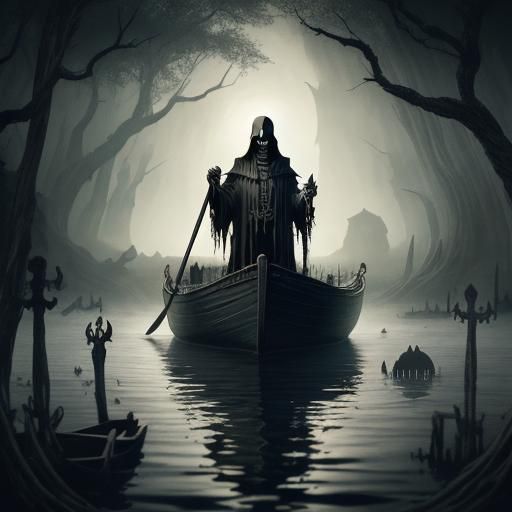 Grim Reaper's Journey: Gothic Art on Dark Waters