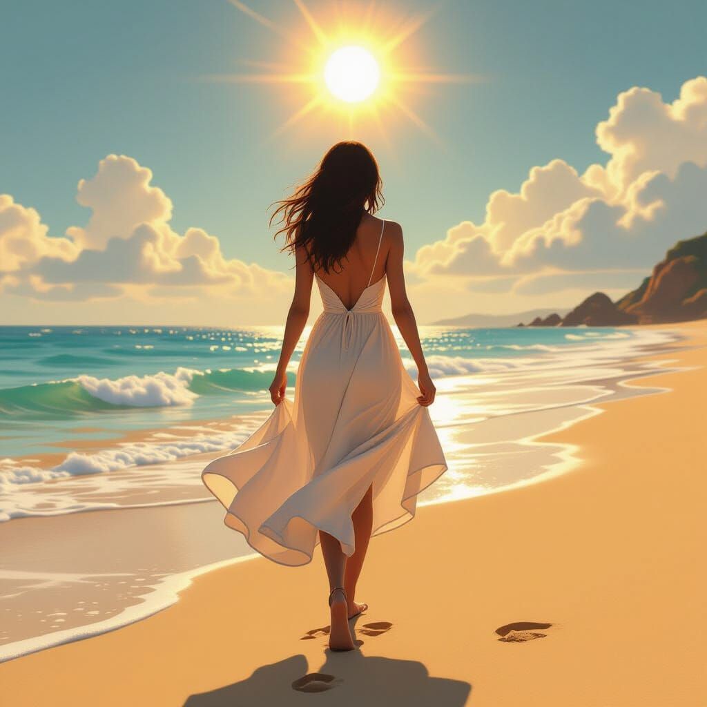 Woman Walking on Sunny Beach: 3D Anime Art