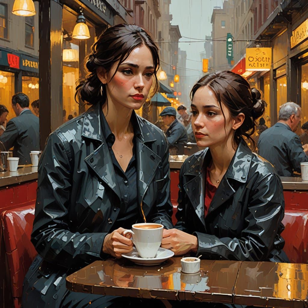 Impasto Coffee House Scene with Warm Lighting