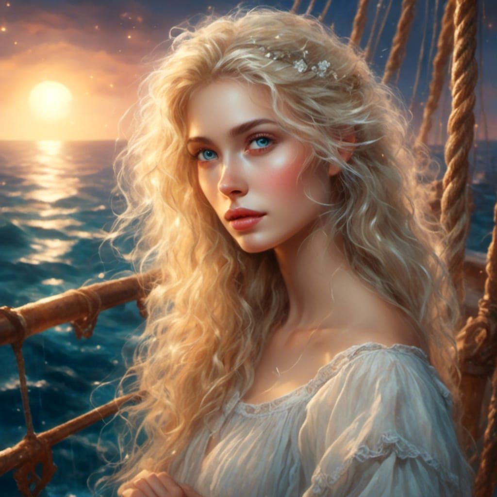 Romantic Blonde Portrait at Sea in Moonlight