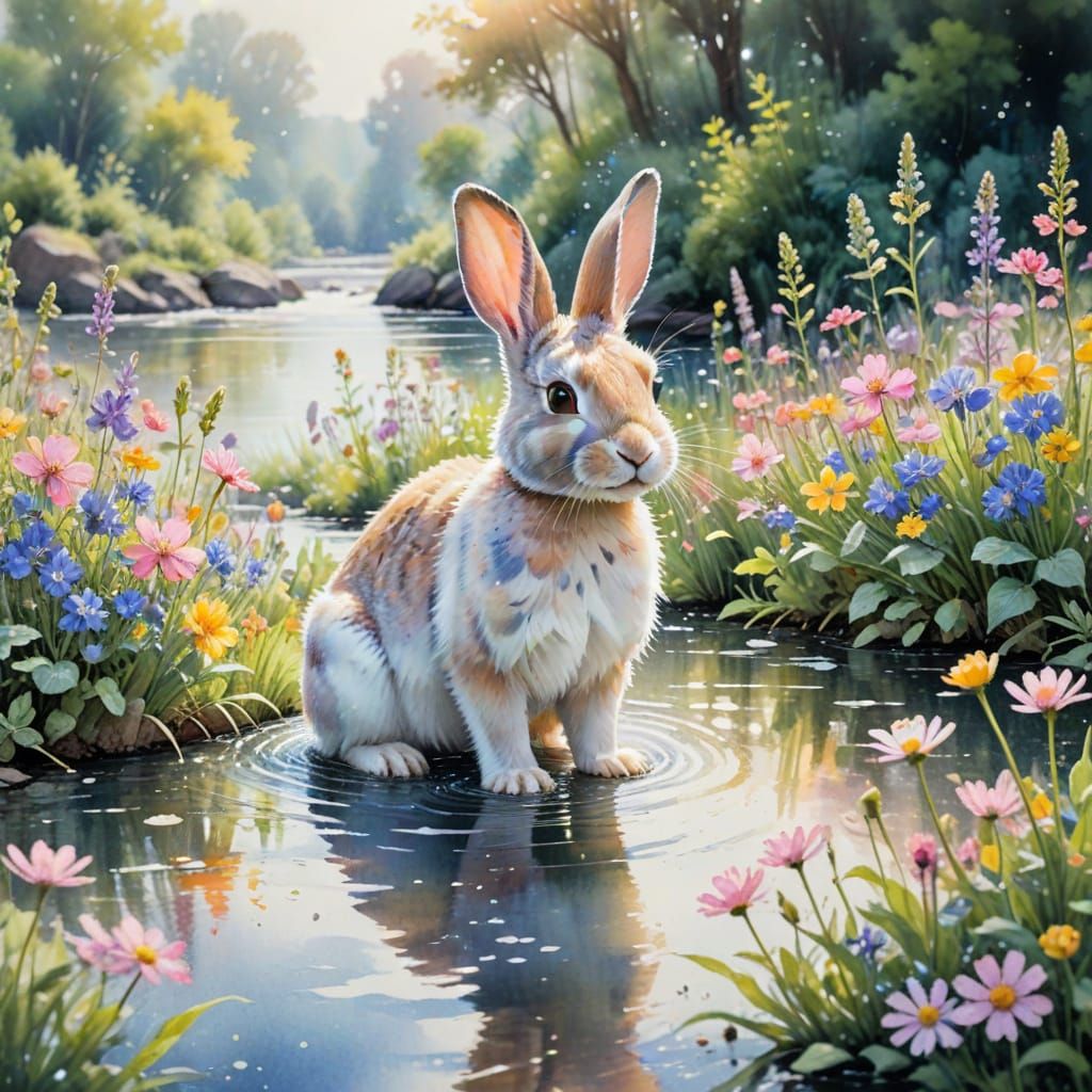 Playful Rabbit in Sunlit River Garden