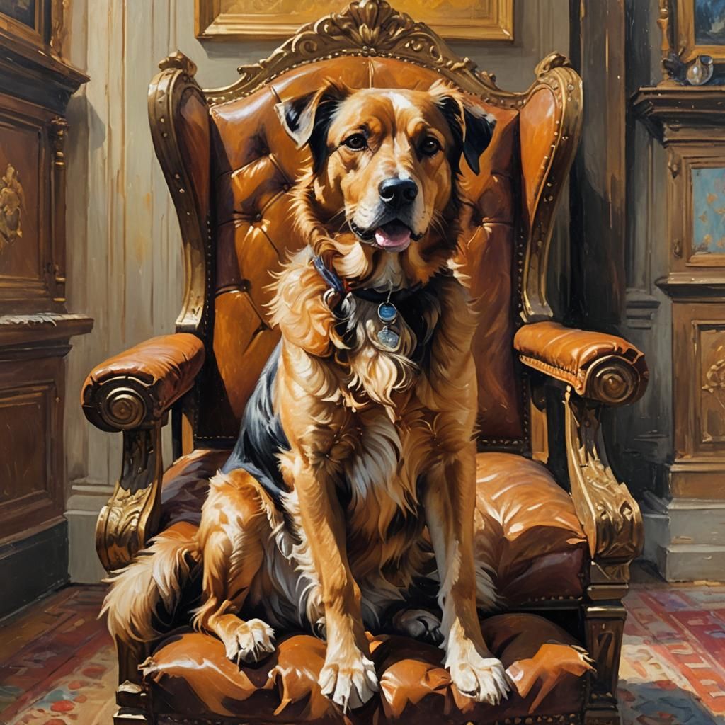 Proud Dog King in Impressionist Oil Painting