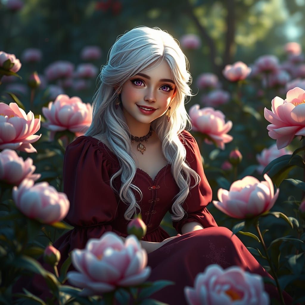 Burgundy Princess Surrounded by Vibrant Peonies in a Triadic...