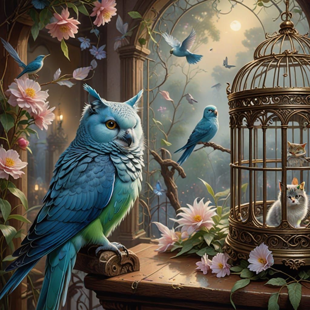 Enchanting Parakeet and Cat in Ethereal Fantasy Scene