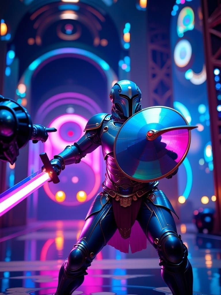 Futuristic Knight Defends with Holographic Shield in Neon-Li...