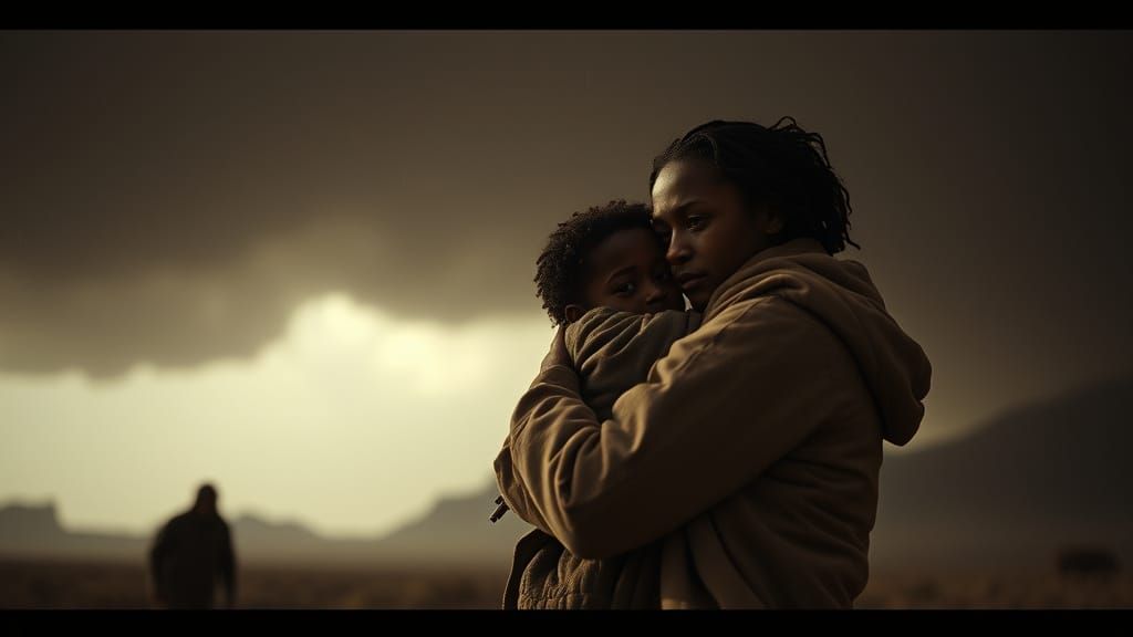 Children Amidst Falling Ash: A Cinematic Still