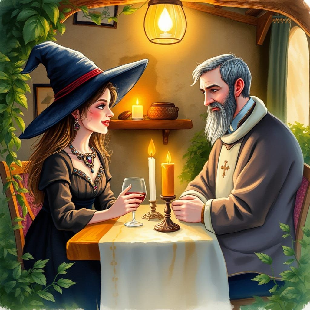 Whimsical Watercolor: Witch and Priest's Cozy Dinner