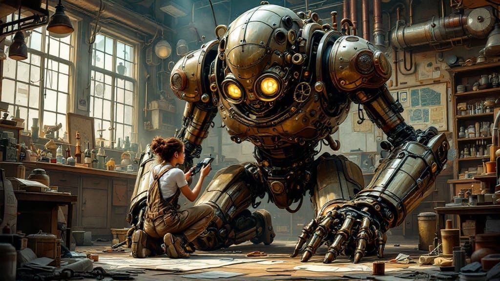 Steampunk Robot Surrenders to Inventor's Genius