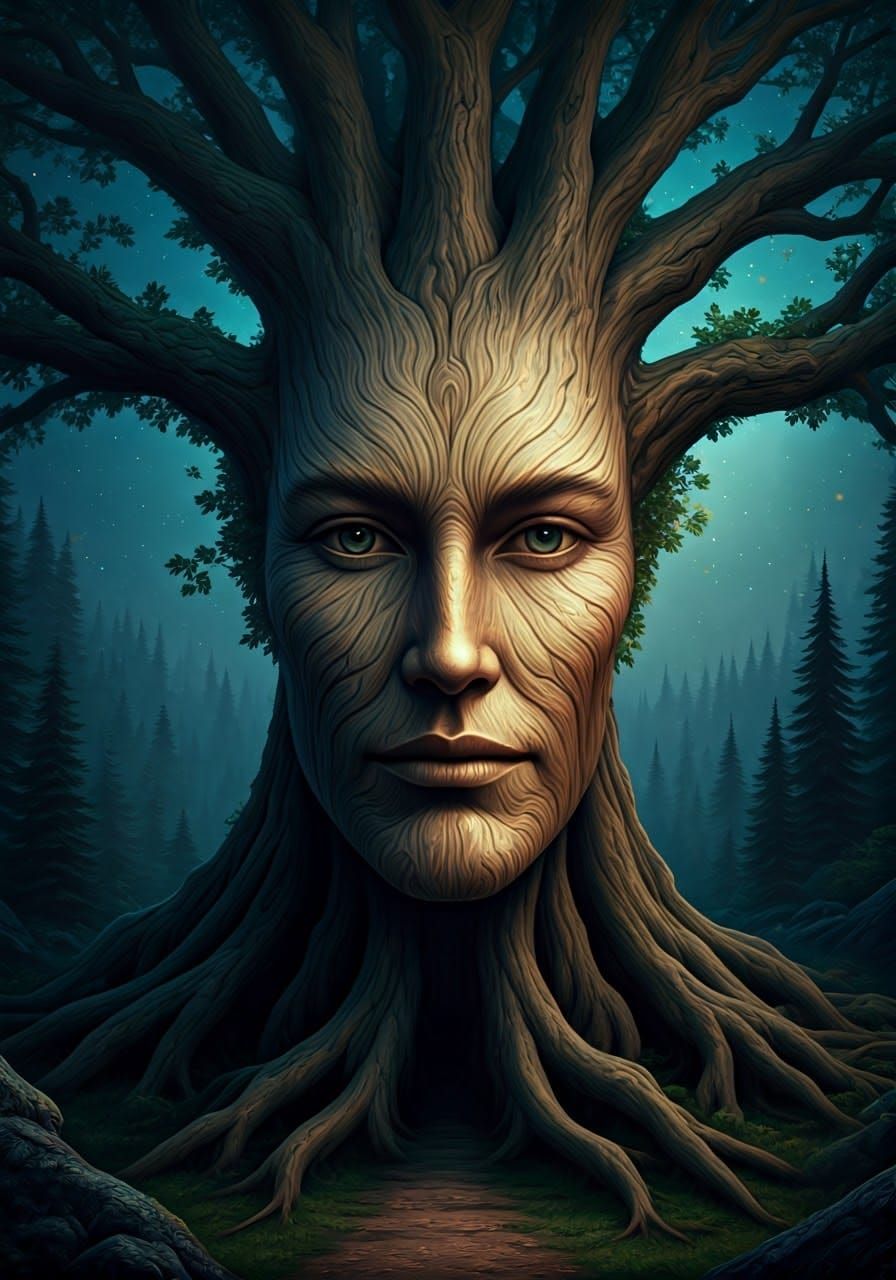 Majestic Tree with Engraved Human Face in Fantasy Art Style