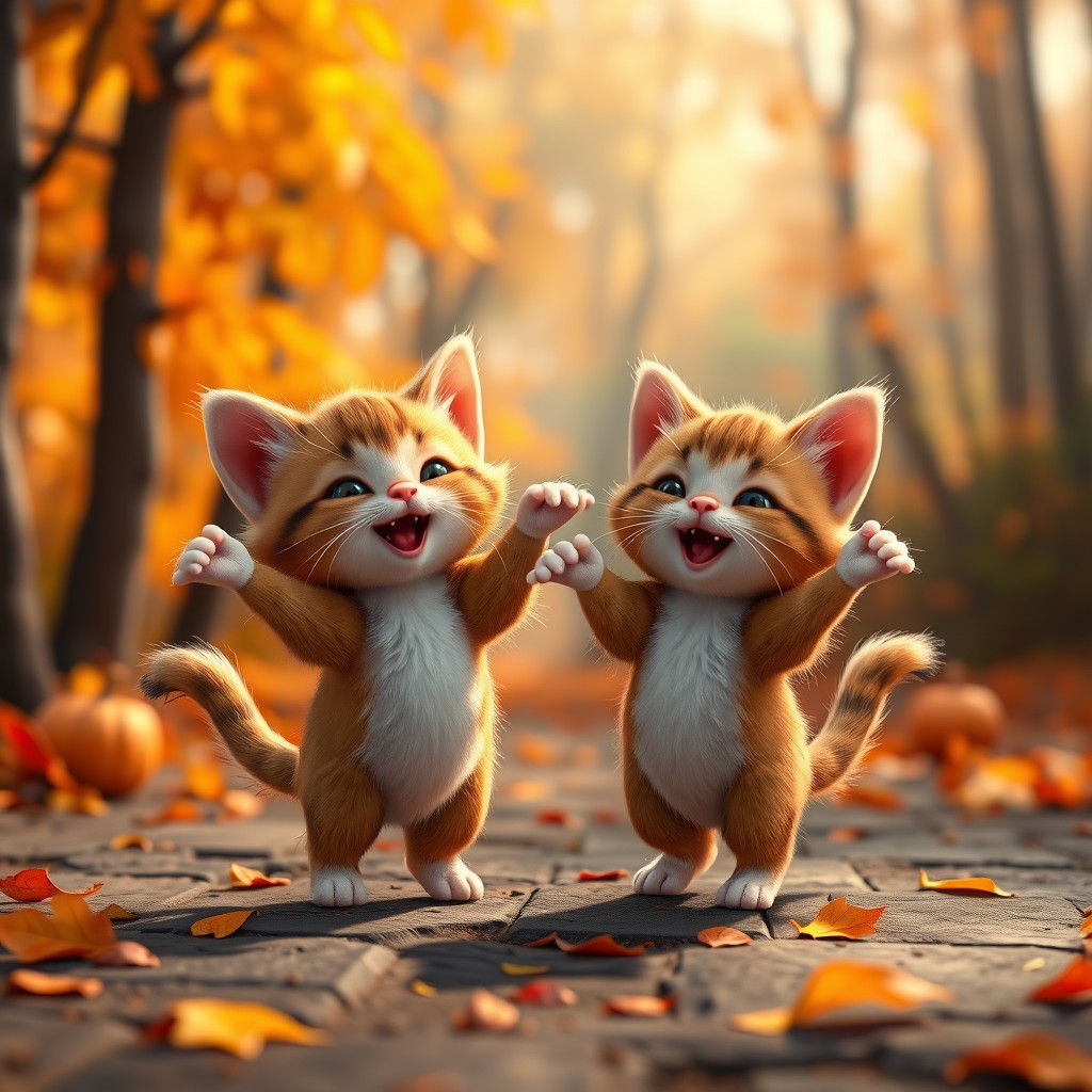 Thanksgiving Kittens Dancing in Autumn Woods