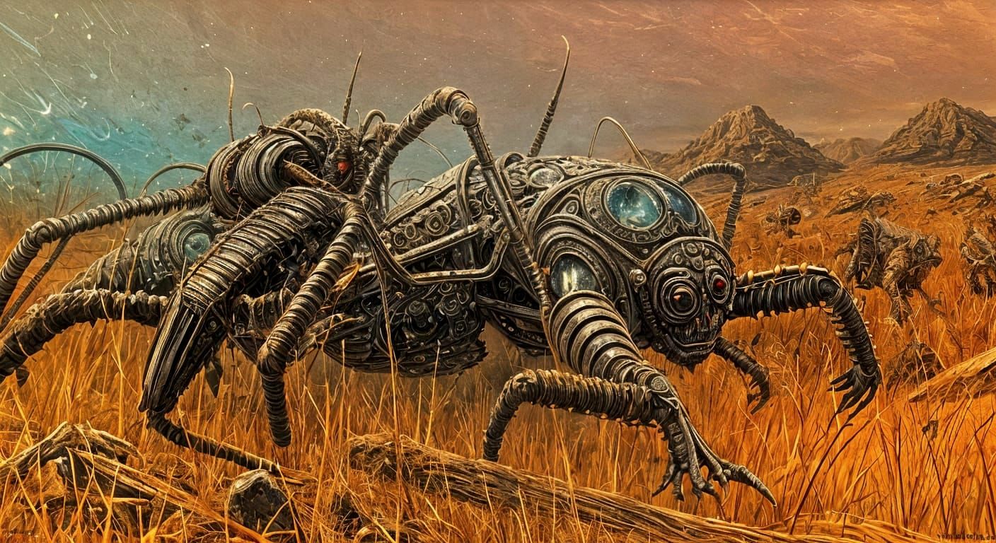 Colossal Biomechanical Beetle in Alien Landscape: Digital Pa...