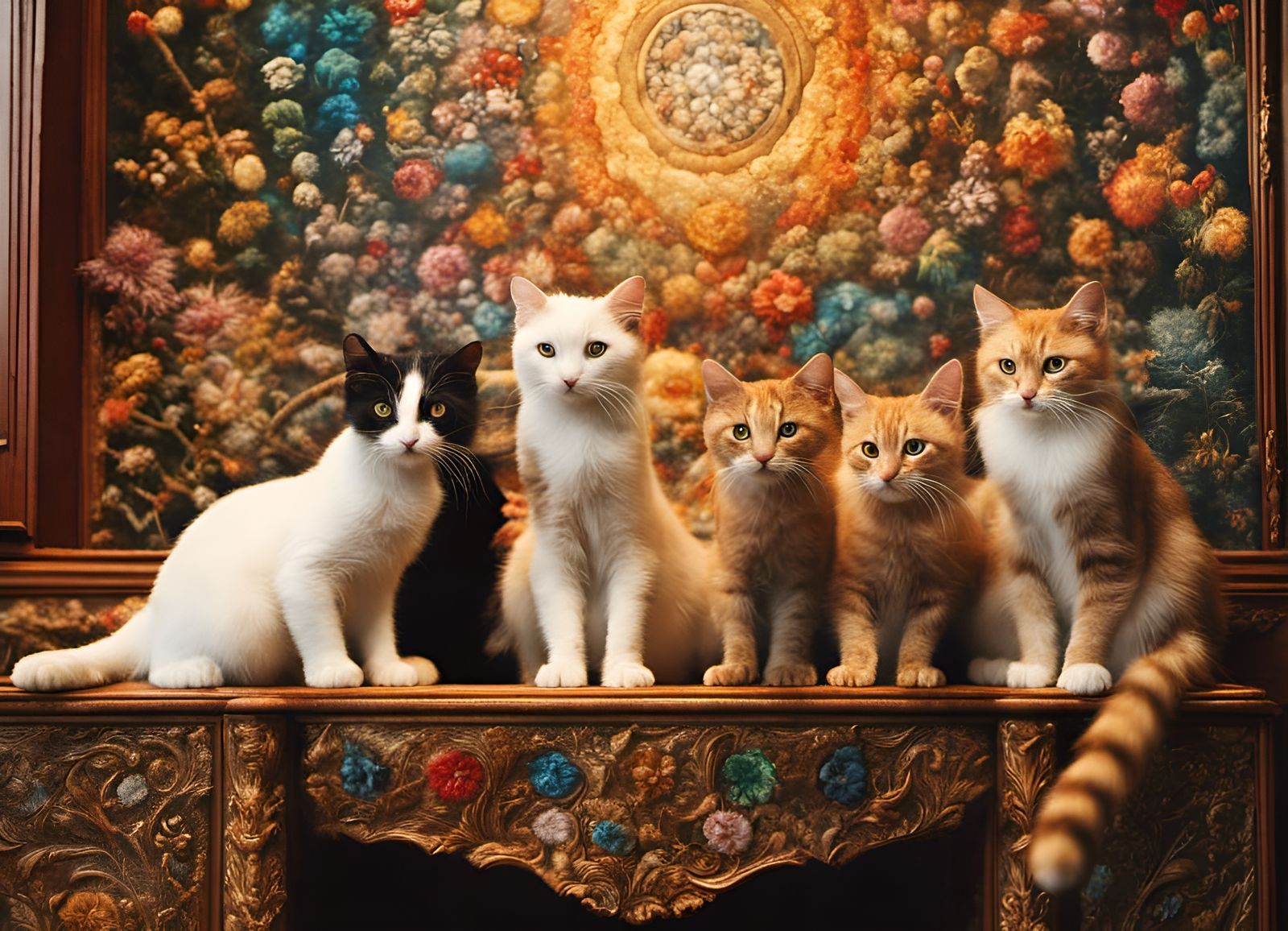 Cats Play on Antique Furniture in Dreamlike Style