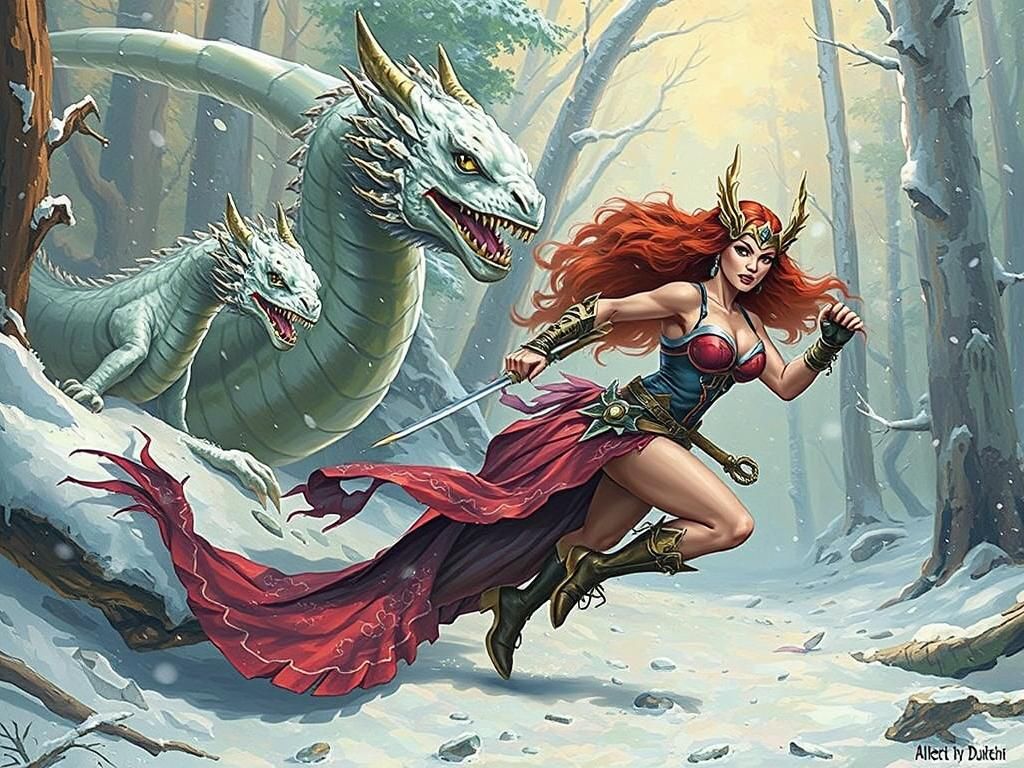 Red Sonja Runs with Dragon in Snowy Forest