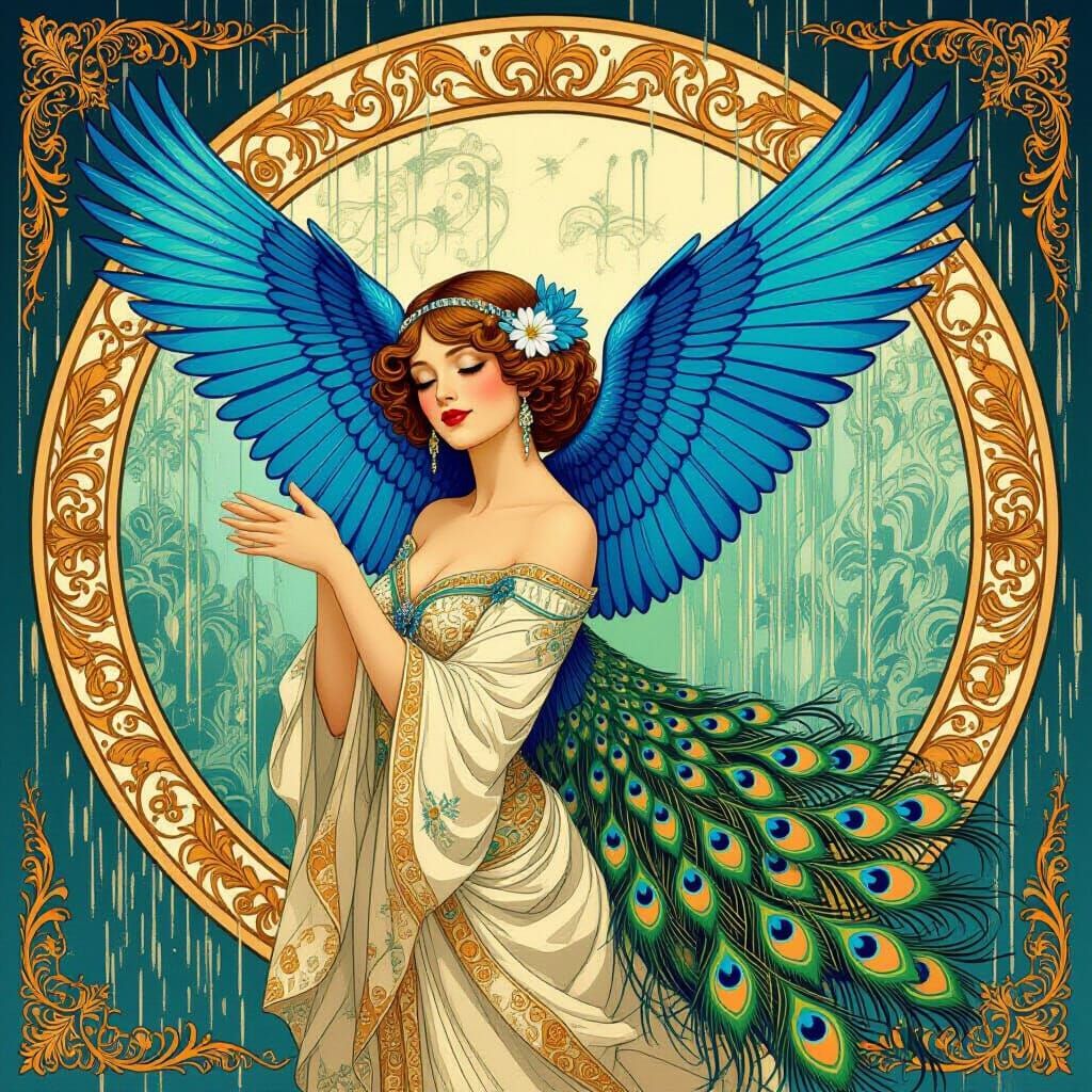 Art Nouveau Woman with Bird Wings and Feathers