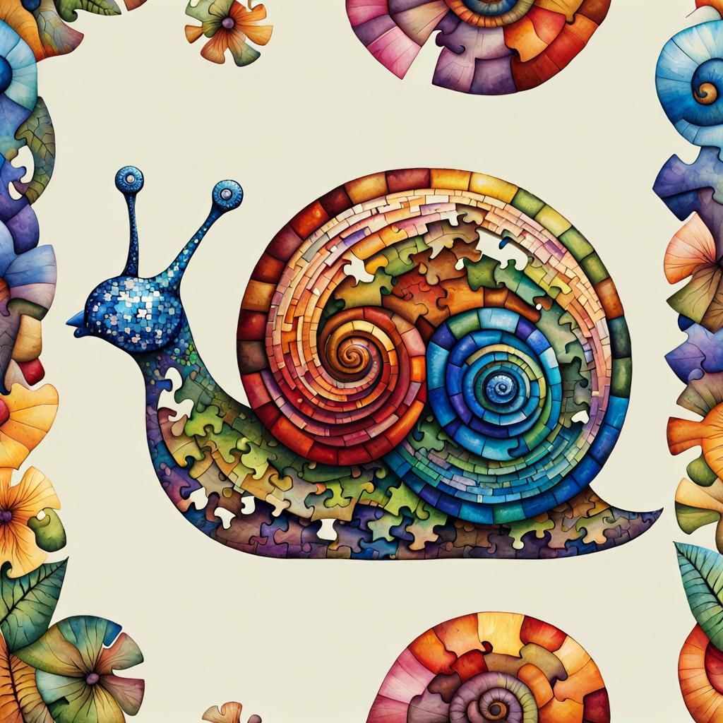 Whimsical Puzzle Snail in Watercolor Alcohol Inks