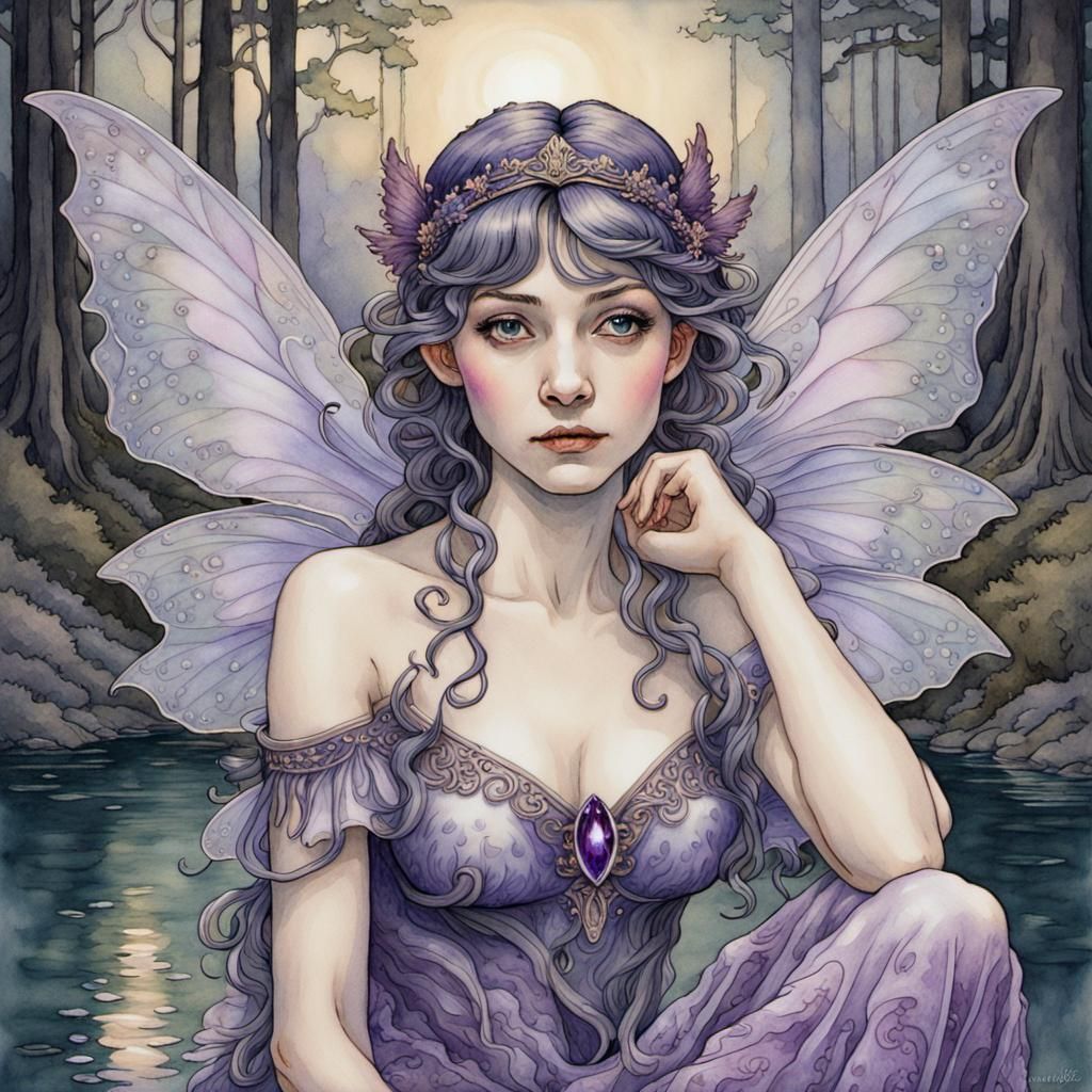 Fairy with Crystal Wings in Forest, Art Nouveau