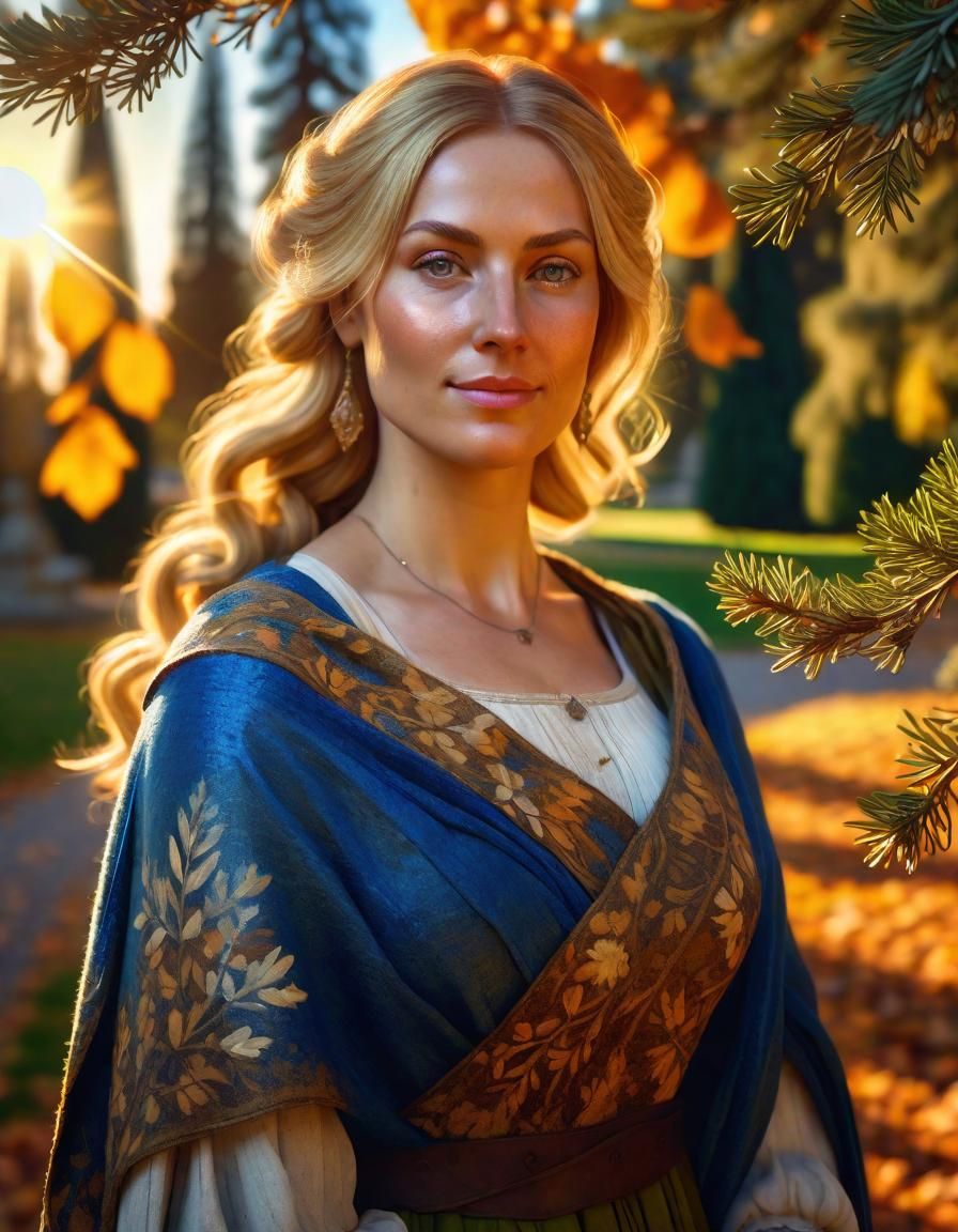 Renaissance Portrait of Smiling Blonde Woman at Sunset