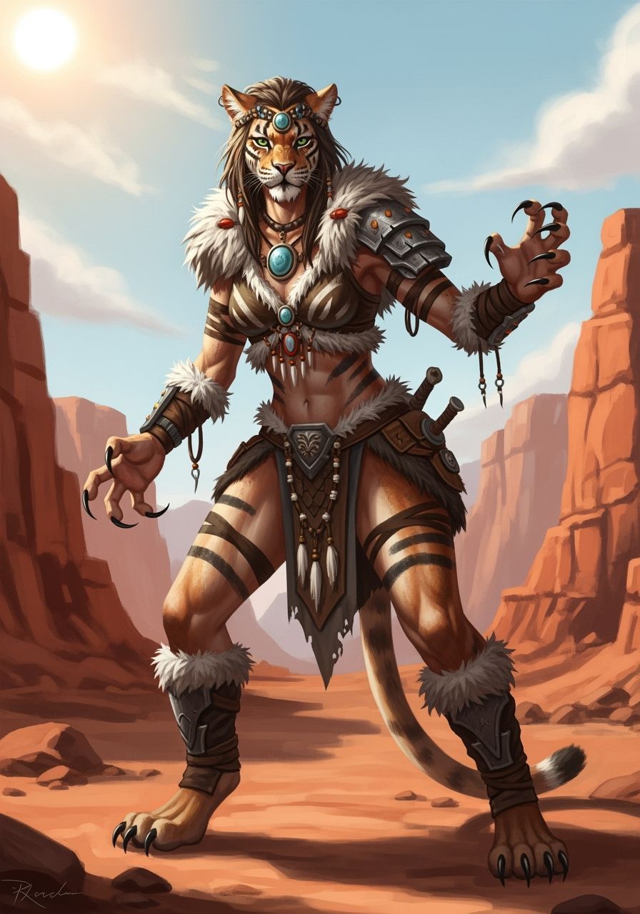 Feline-Hybrid Warrior in Red Rock Canyon