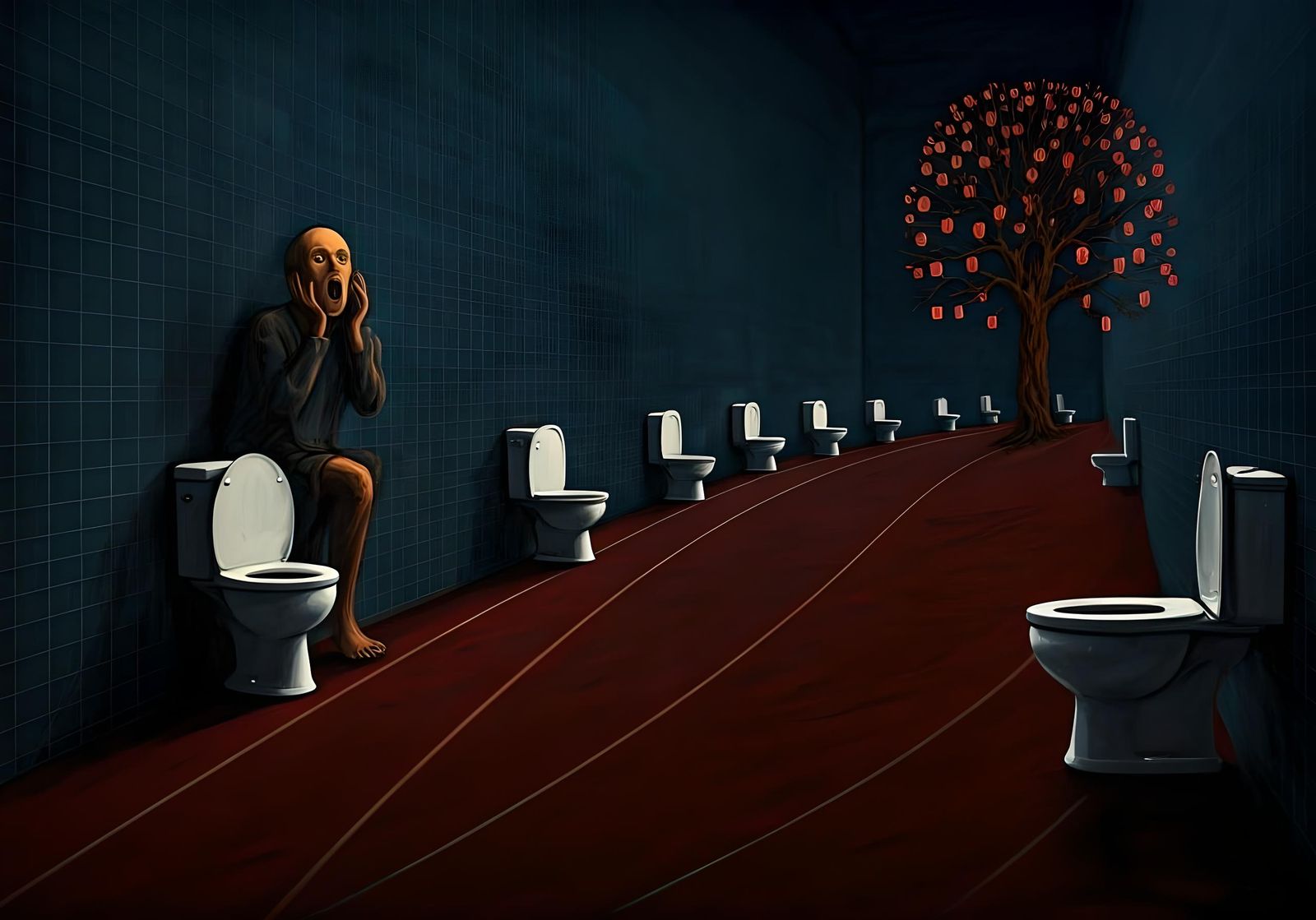 Man Screaming on Toilet in Surreal Expressionist Style