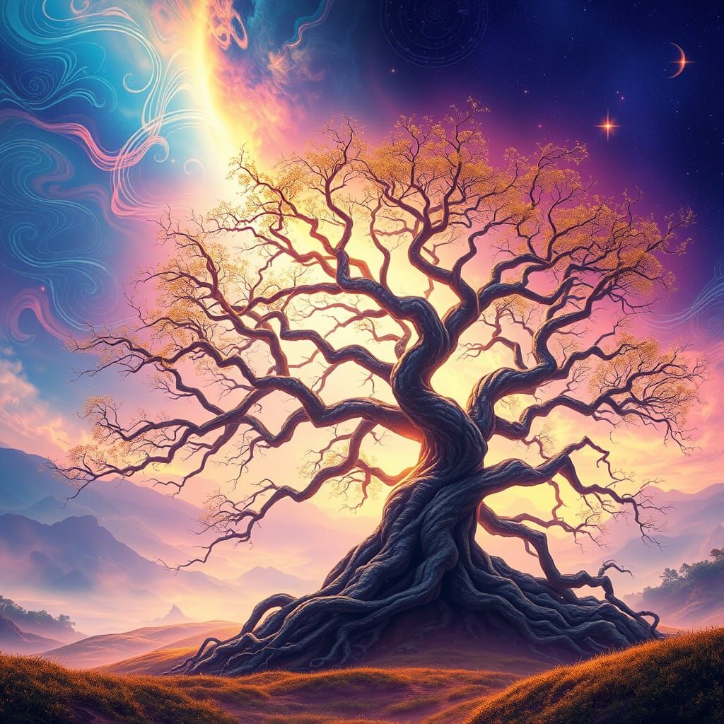 Ethereal Landscape with Ancient Tree in Vibrant Gradient Sky