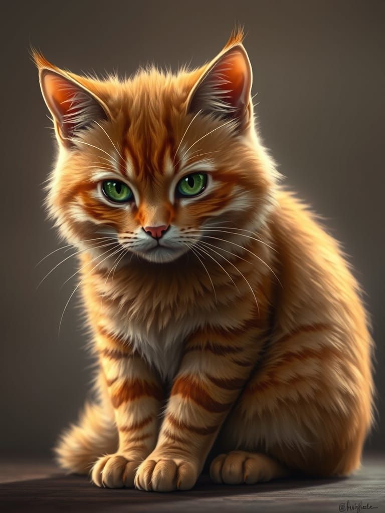 Sad Orange Tabby Cat with Green Eyes, Realistically Detailed
