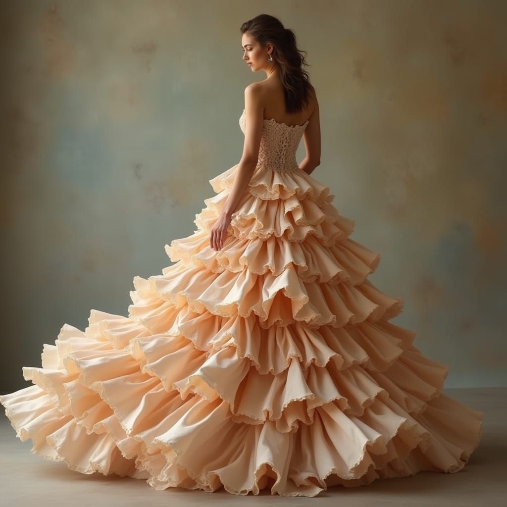 A woman in an exquisite crepe paper gown.