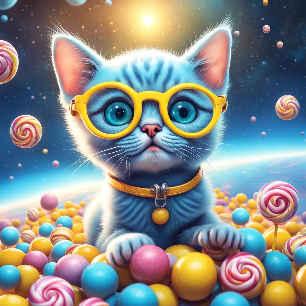 Blue Kitten with Yellow Glasses in Candy Art Style