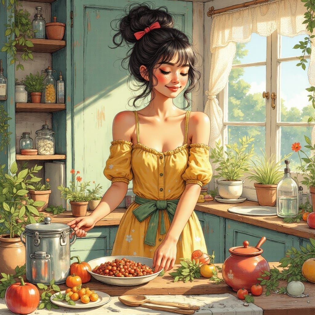 Glamorous Digital Illustration of Fairy Cooking in a Home