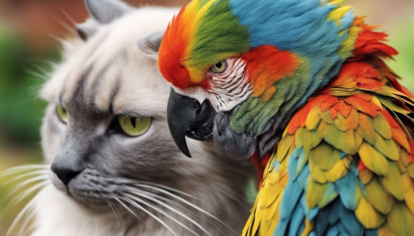 Colorful Parrot and Cat Friendship