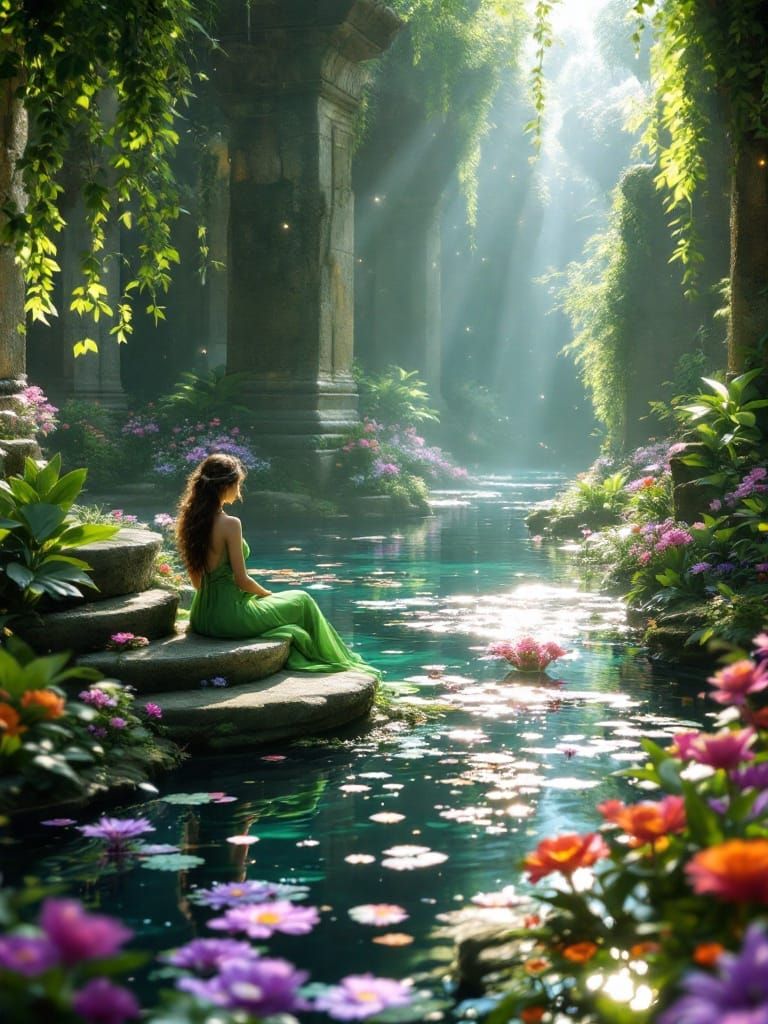 Serene Temple Ruin Scene with Vibrant Flowers and Magical Li...