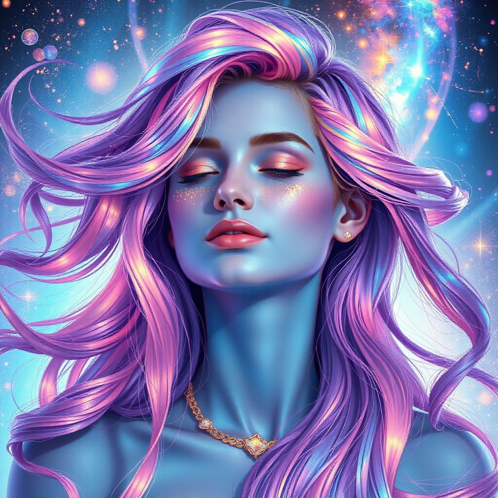 A hyperrealistic and vibrant digital painting of a radiant cosmic woman with flowing, multicolored, iridescent hair that...