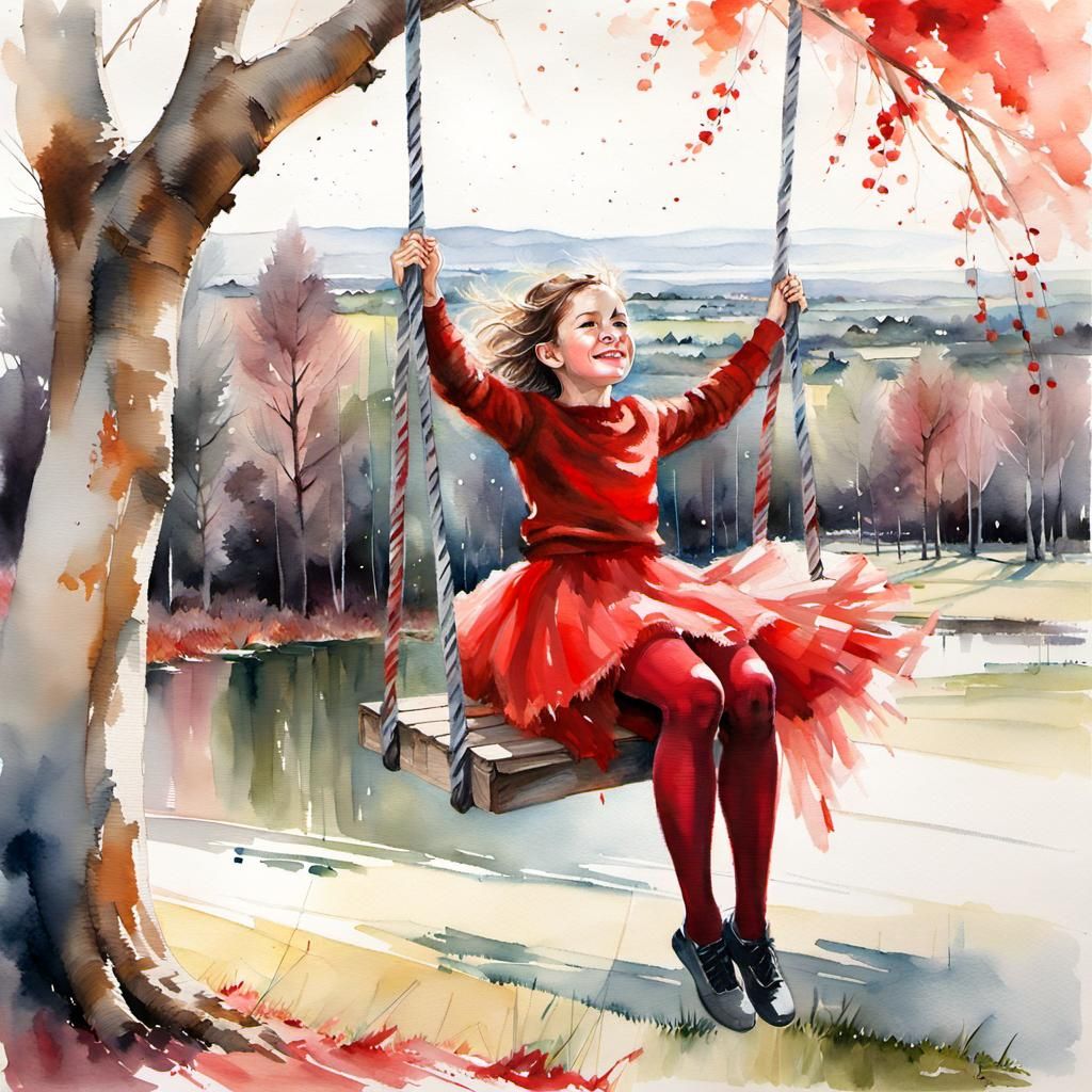 Girl on Tree Swing in Watercolor Flemish Landscape