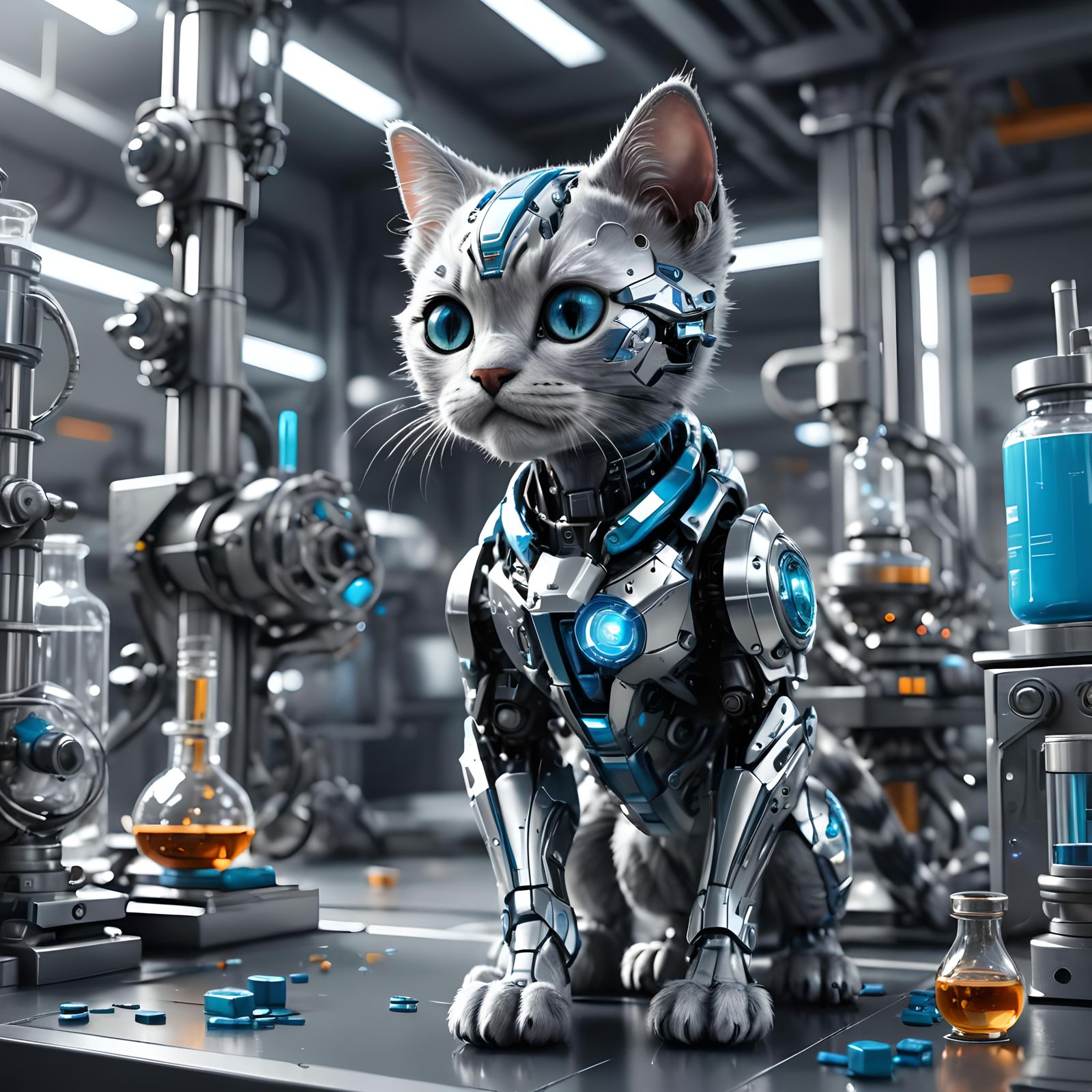 Cyborg Kitten in Laboratory, Futuristic Sci-Fi Art