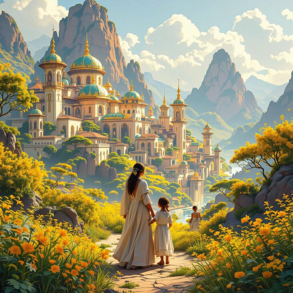Family in Mystical Yellow Landscape: Matte Painting