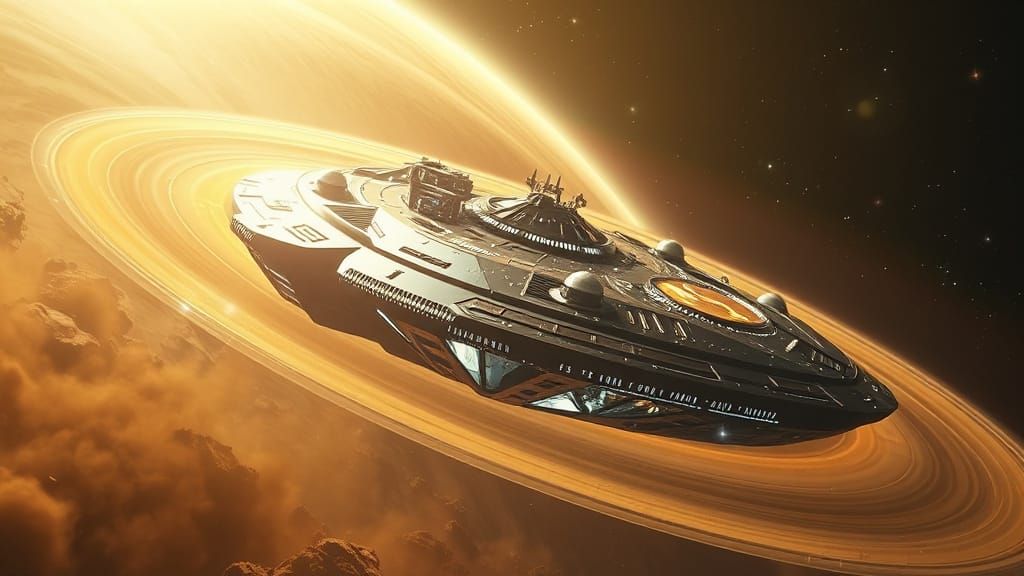 Crystalline Spacecraft Navigating Iridescent Rings in Golden...