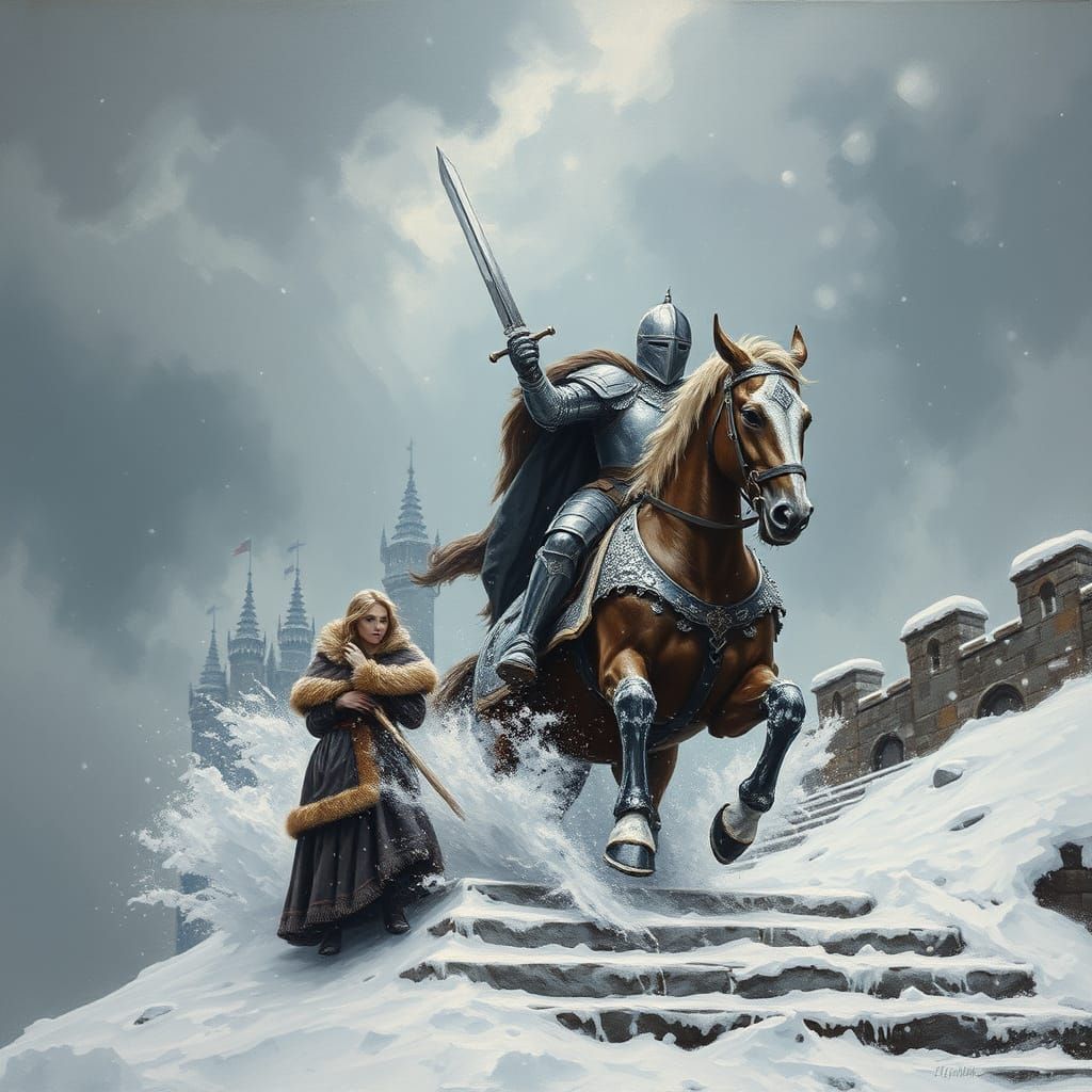 Knight Rides into Tempestuous Winter Landscape